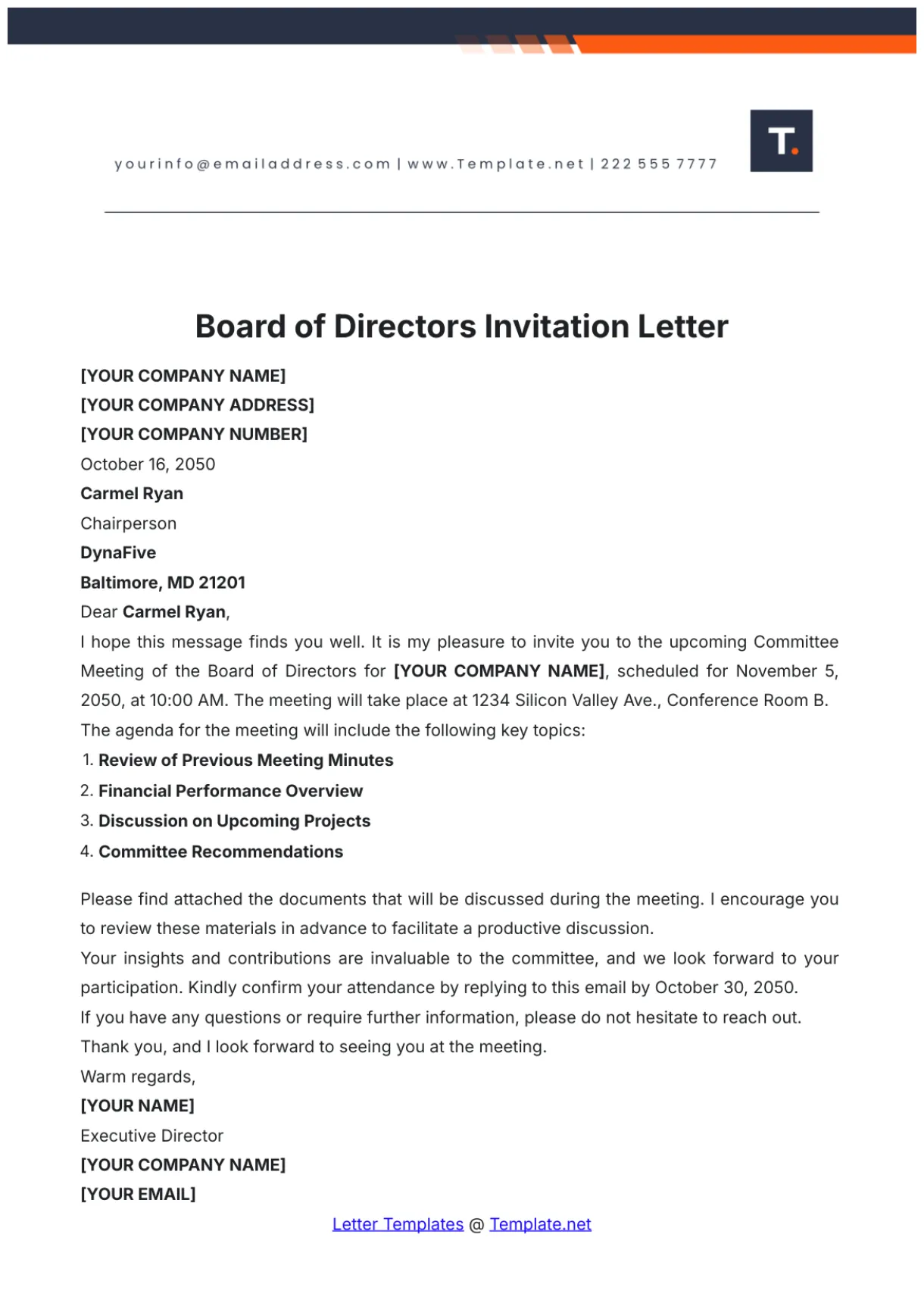 Free board meeting invitation letter template to edit online