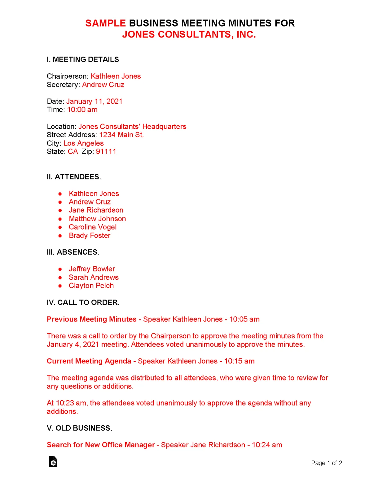 Free business meeting minutes template pdf word eforms