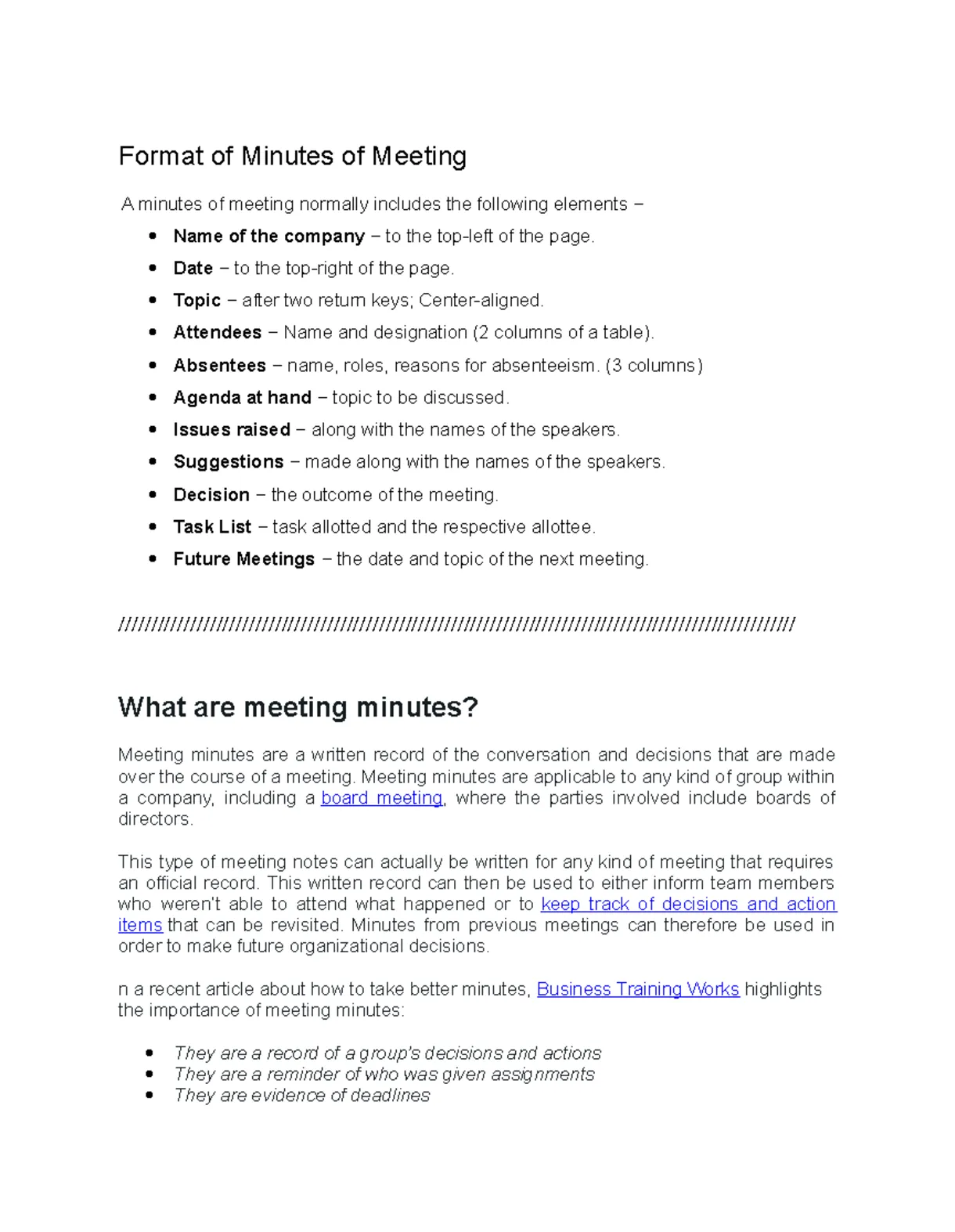 Format of minutes of meeting date − to the top-right of the page