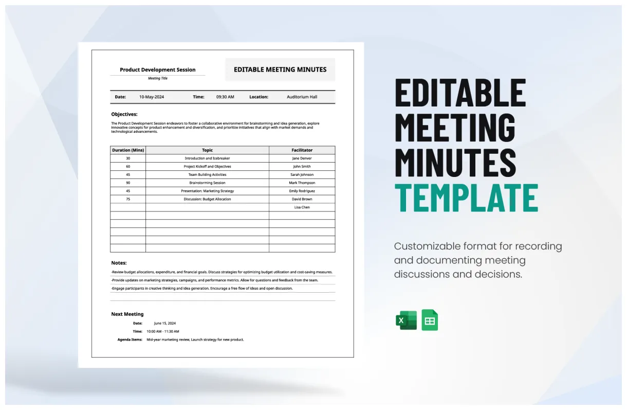 Blank meeting minutes template in word, pdf, google docs, pages printable coloring page