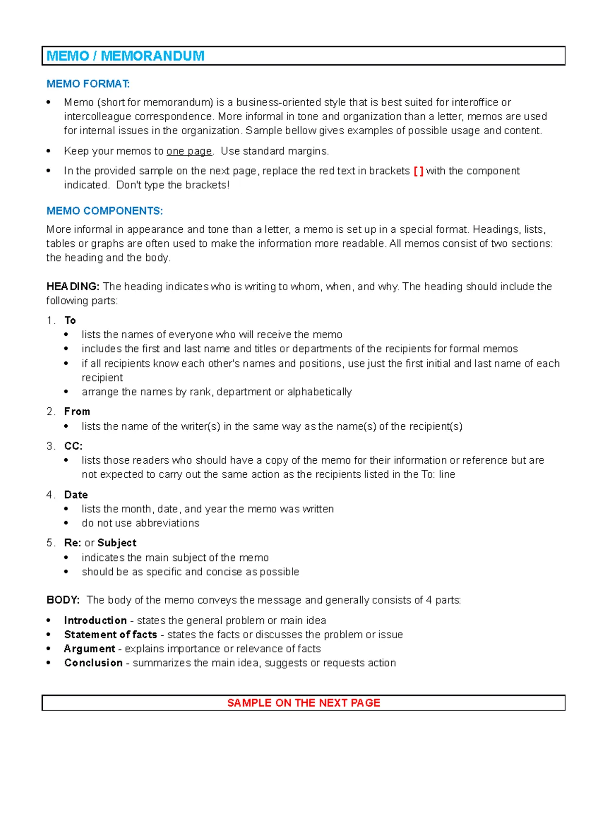 Memo-Format - memo format - MEMO / MEMORANDUM MEMO FORMAT: Memo (short