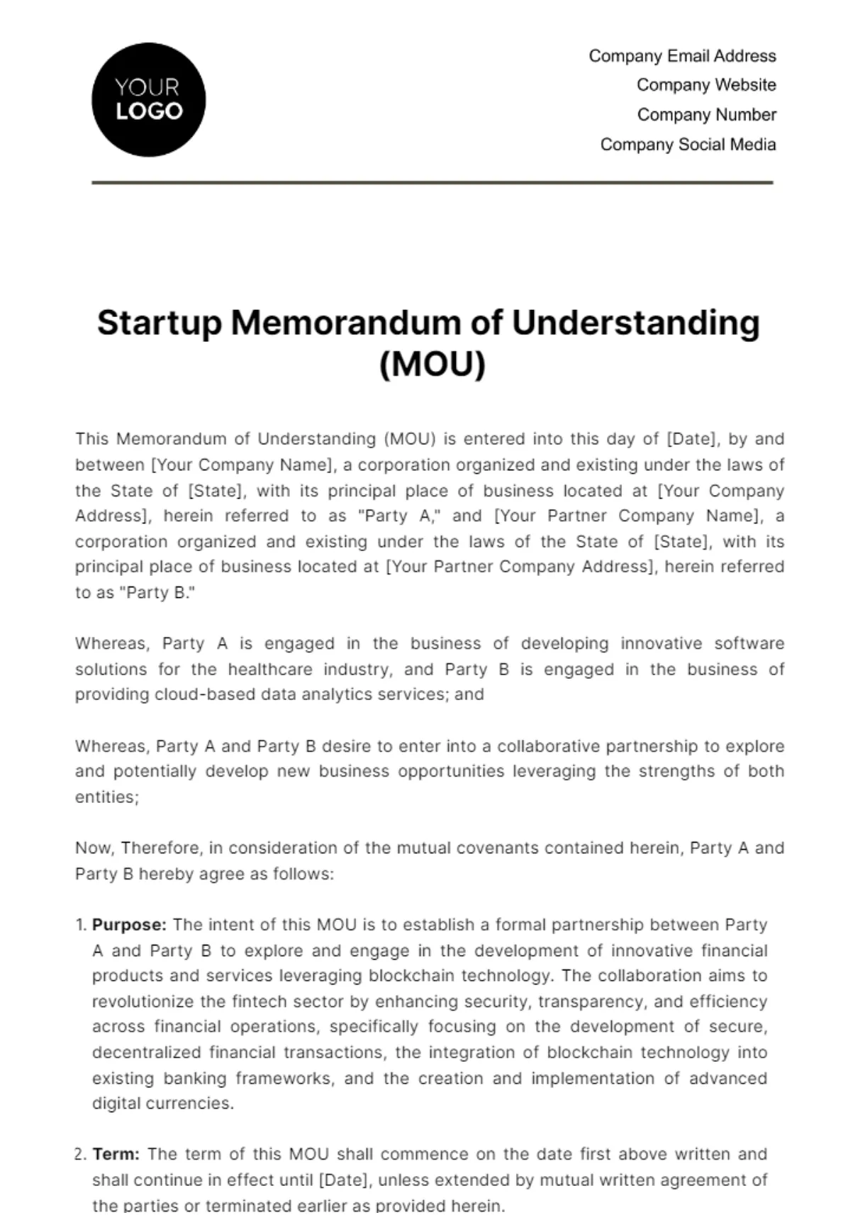 Free startup memorandum of understanding mou template to edit online
