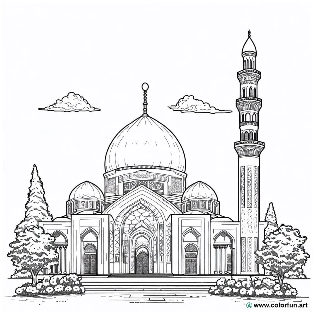 Coloring page of the mosque and the minaret download or print for free