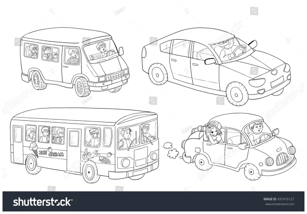 Two Cars Bus Minibus Coloring Book Stock Illustration 431916127