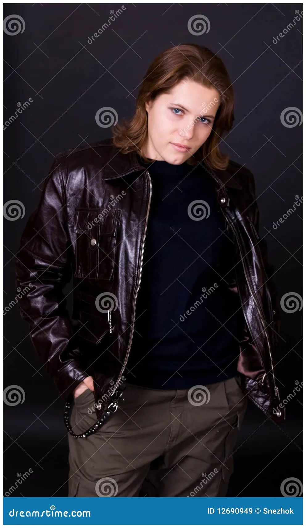 Girl in a brown leather jacket stock of beautiful, brown