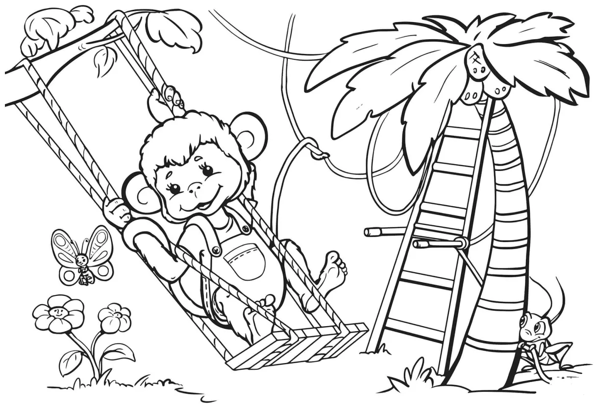 Monkey is swinging from the tree coloring page colouringpages