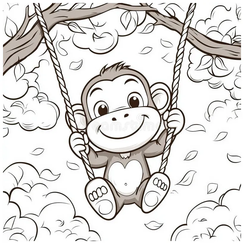 A cheerful monkey swinging from tree branches , coloring page for kids