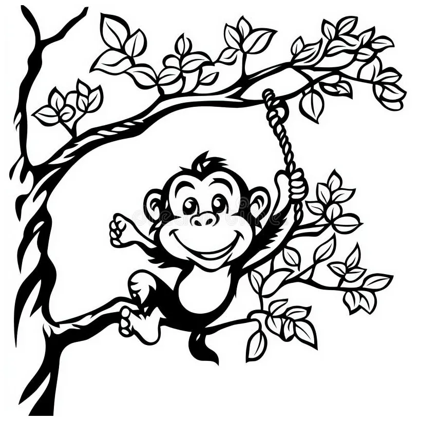 A cheerful monkey swinging from tree branches , coloring page for kids