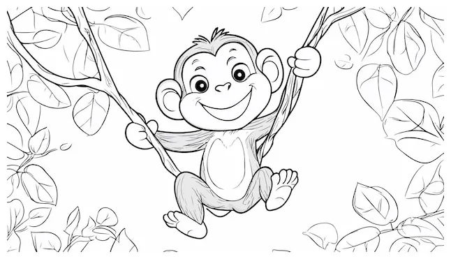Playful monkey swinging from tree coloring page premium ai-generated