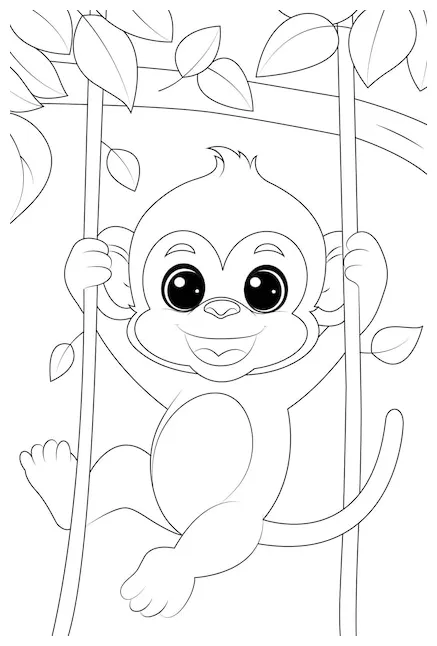 Premium Vector | Coloring page a playful monkey swinging from tree vines