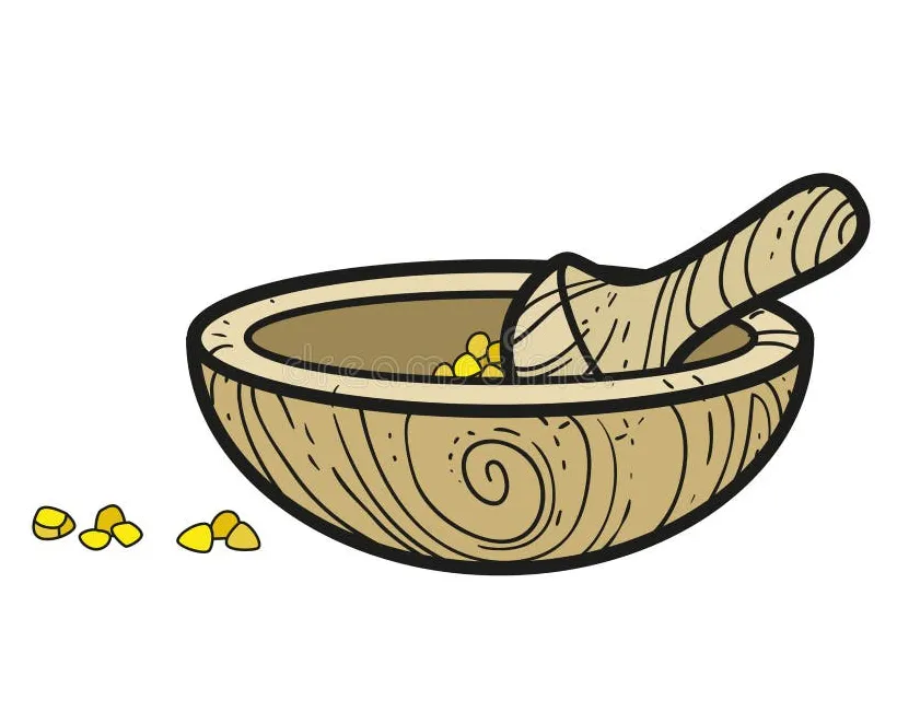 Wooden mortar and pestle with crystal ingredients nearby outlined for