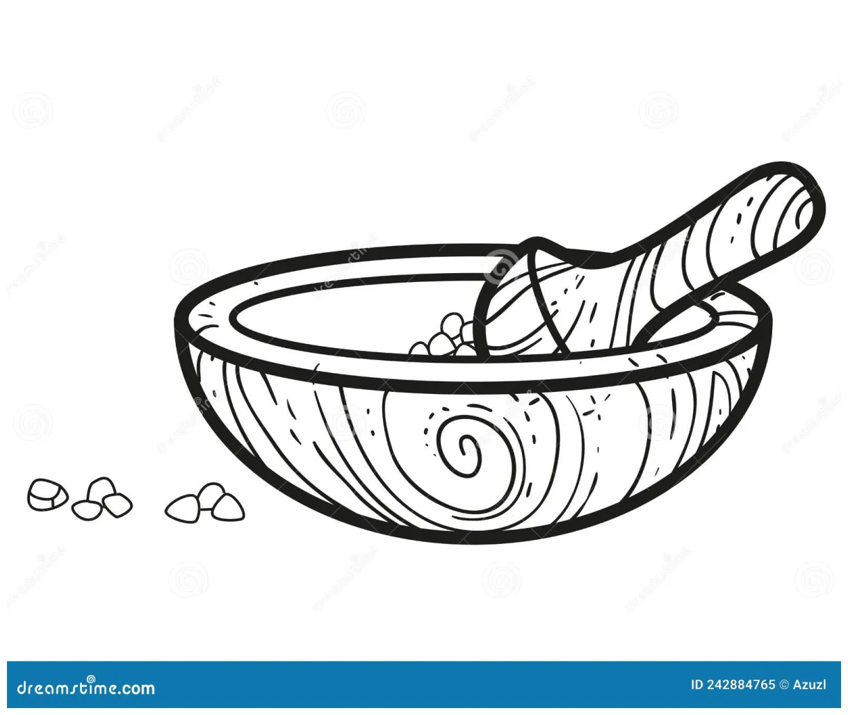 Wooden mortar and pestle with crystal ingredients nearby outlined for