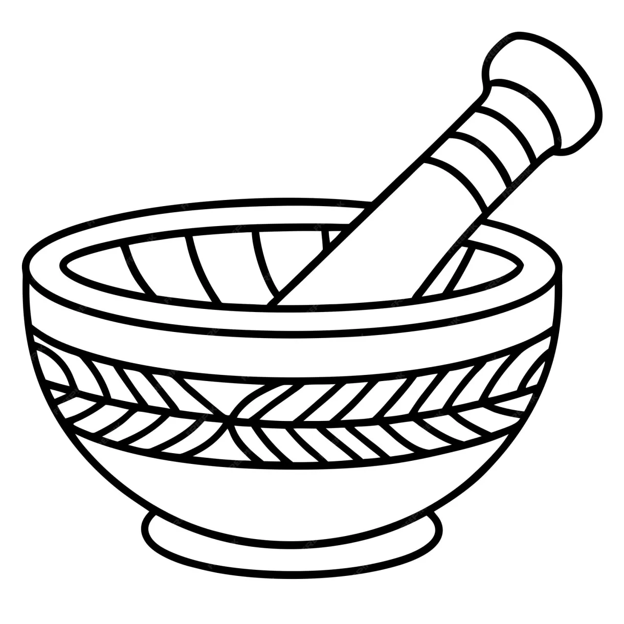 Mortar and pestle with mysterious pattern outline coloring book page