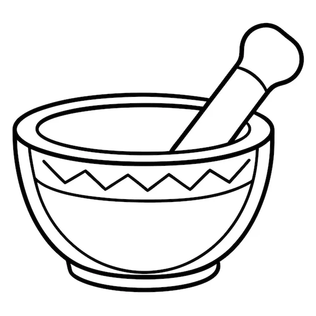 Mortar and pestle with mysterious pattern outline coloring book page