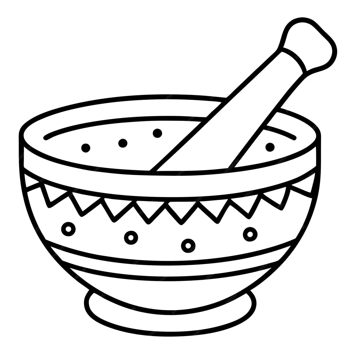 Mortar and pestle with mysterious pattern outline coloring book page