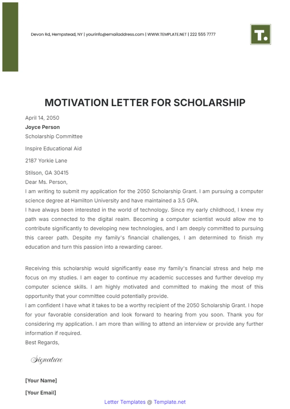 Free Motivation Letter for Scholarship Template to Edit Online