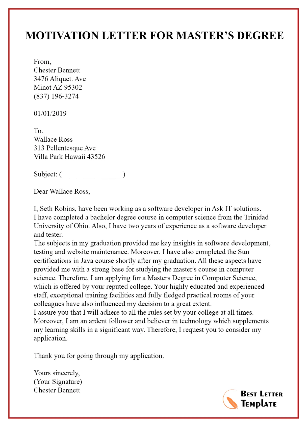 Motivation letter example