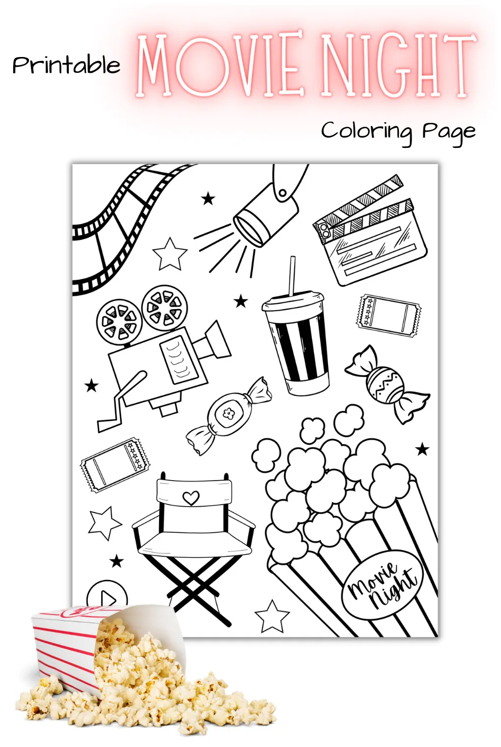 Printable movie themed coloring page, fun doodle art for film lovers