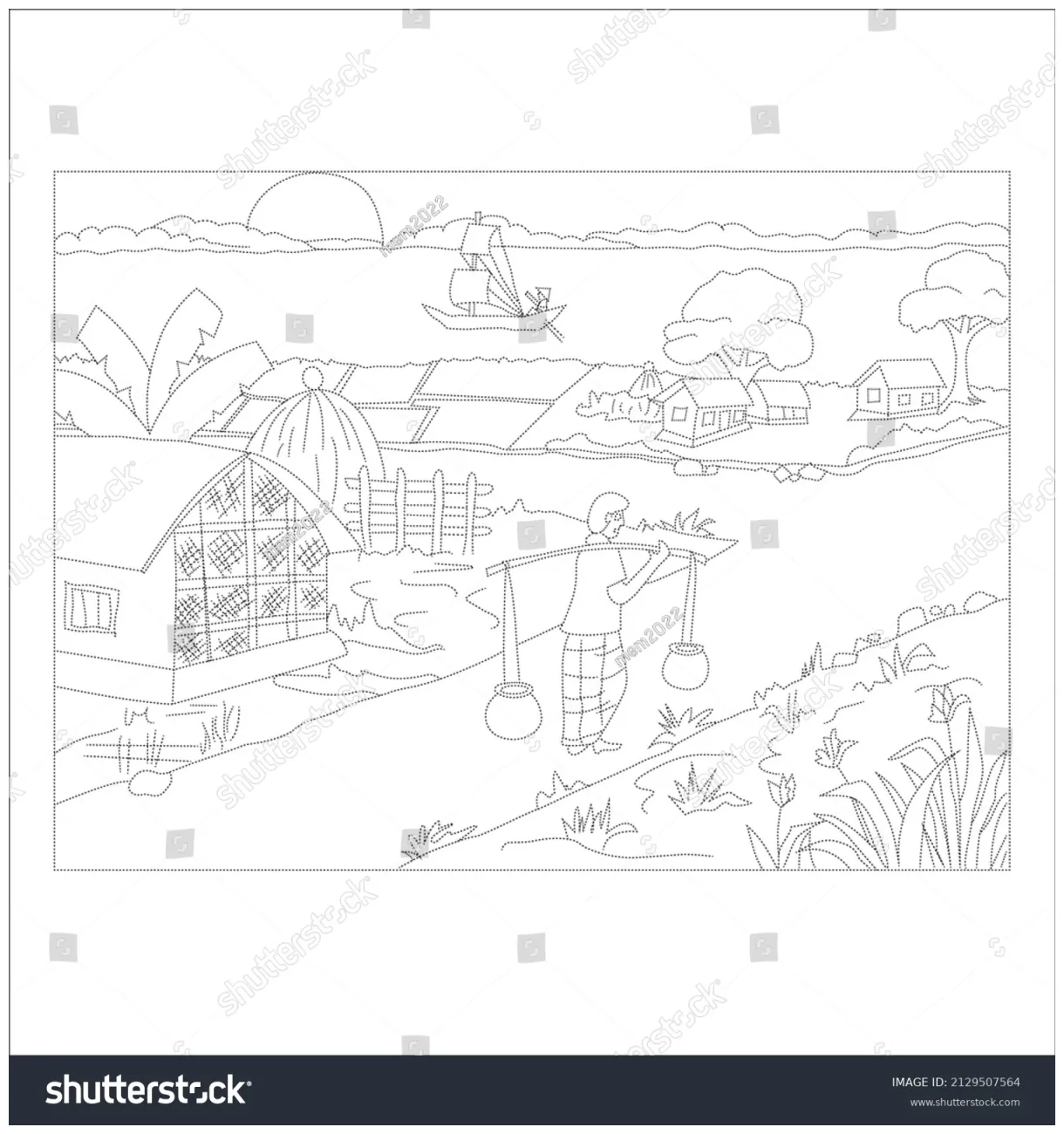 Scene coloring page vector line art stock vector 2129507564