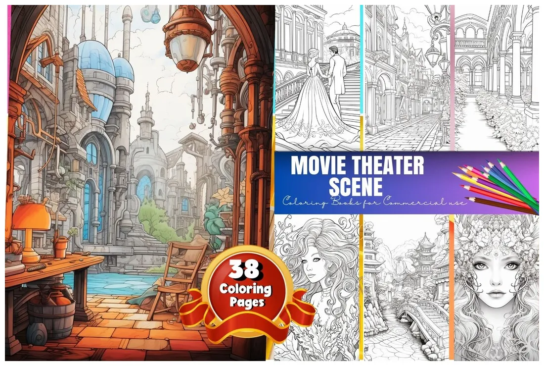 Scene movie coloring page, coloring page for adults, village theme printable coloring page