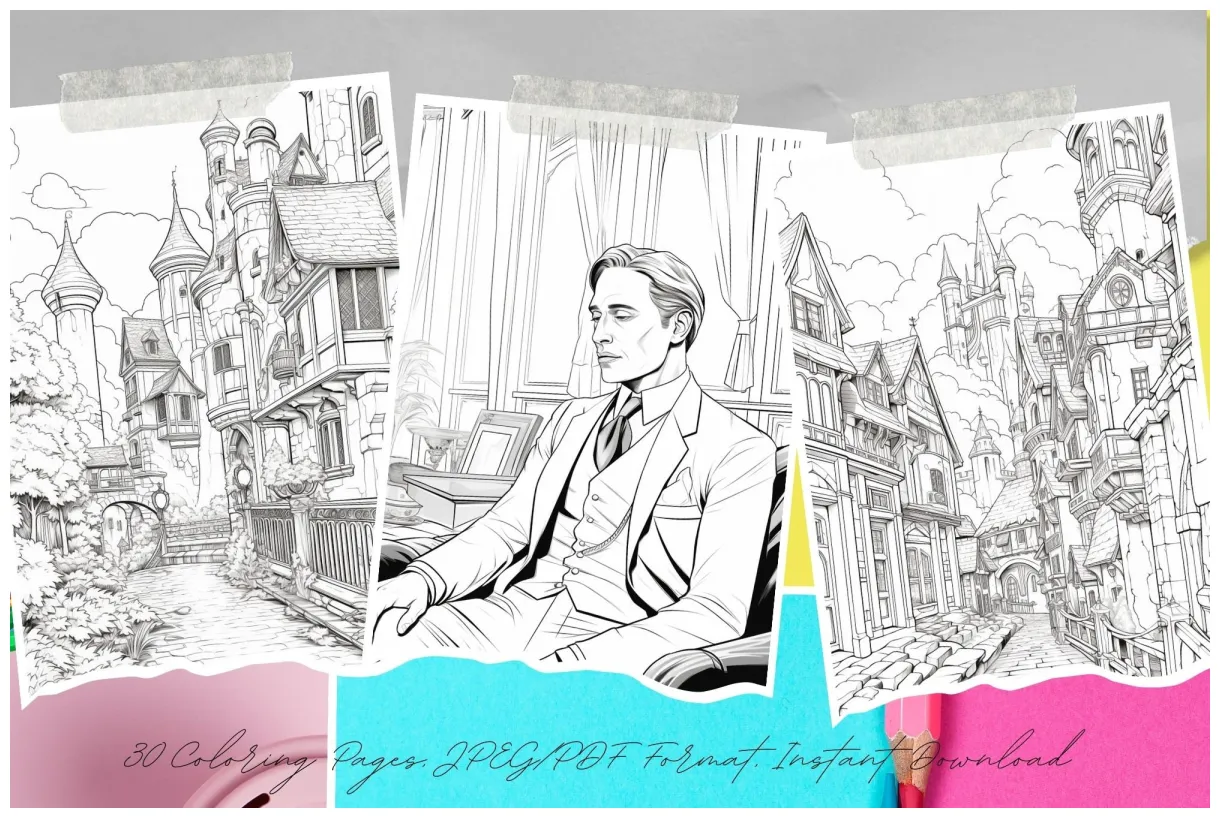 Scene movie coloring page, coloring page for adults, village theme