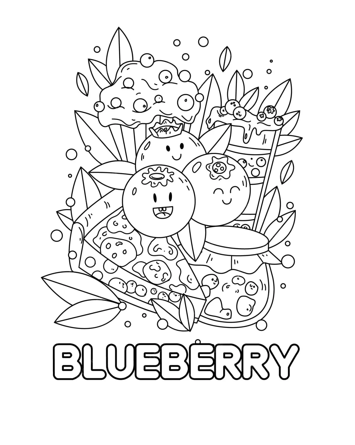 Premium Vector | Coloring page with cute cupcake cream blueberry leaves