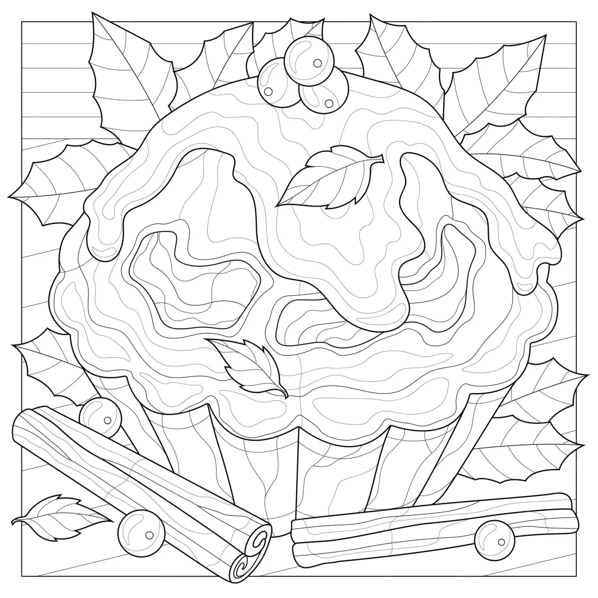 Premium Vector | Muffin with holly berries and cinnamon.coloring book