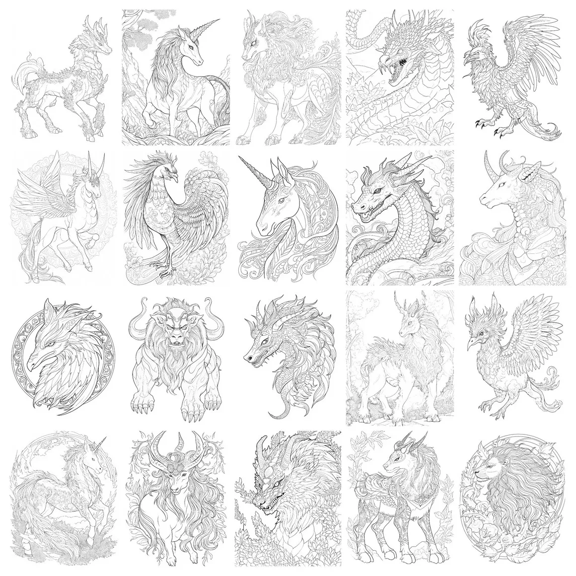 Mythical beasts coloring pages, fantasy creatures colouring sheets