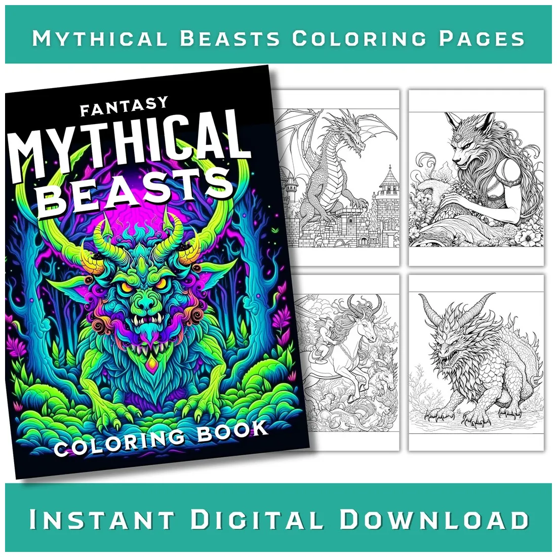 Mythical beasts coloring pages with creatures of the wild and medieval