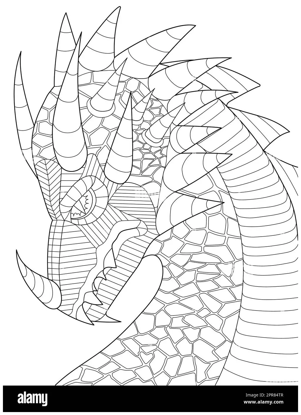 Coloring page with detailed mythical beast looking angry