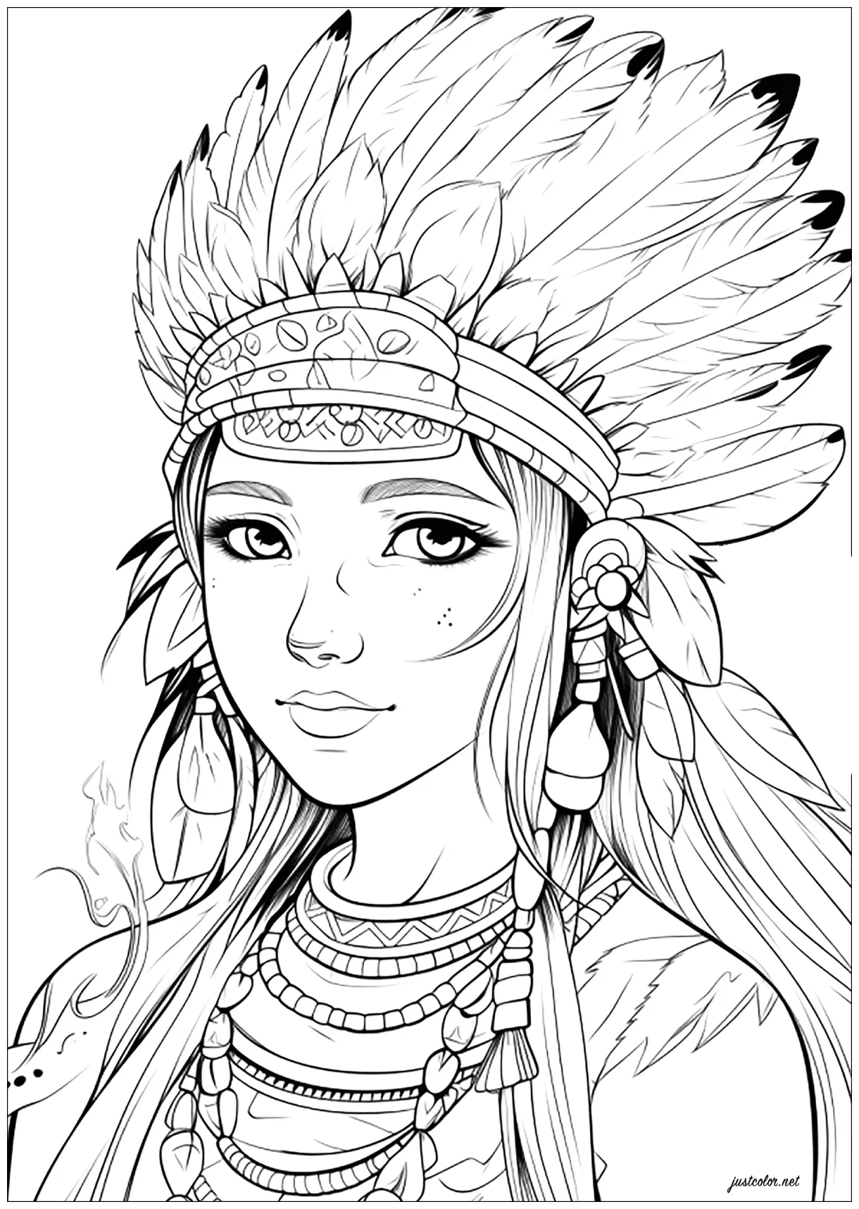 Young woman with Native American headdress - Native American Coloring