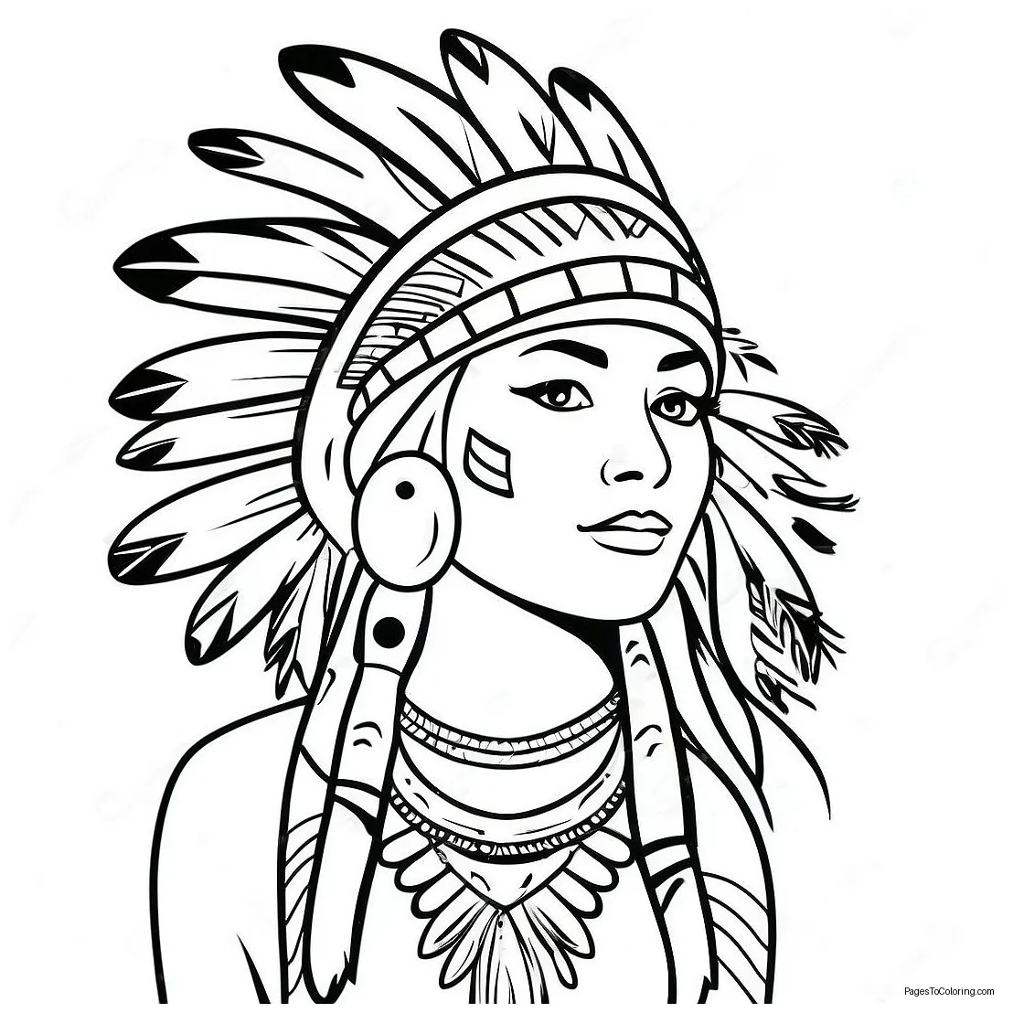 Elegant Native American Woman With Feather Headdress Coloring Page