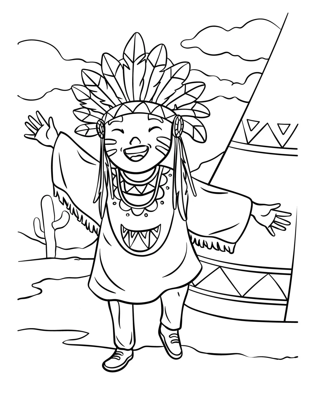 Happy Native American Indian Girl Coloring Page 17197876 Vector Art at