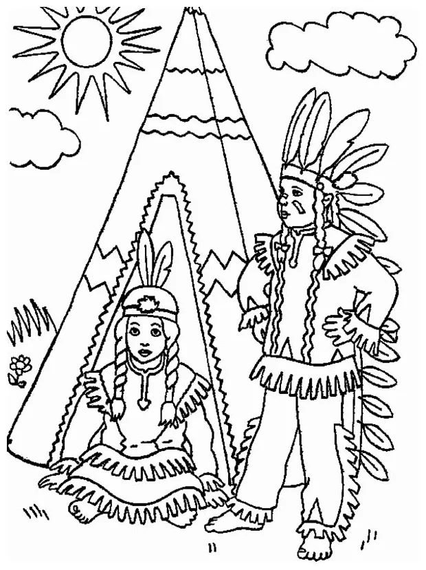 Two native american in front of teepee coloring page kids play color