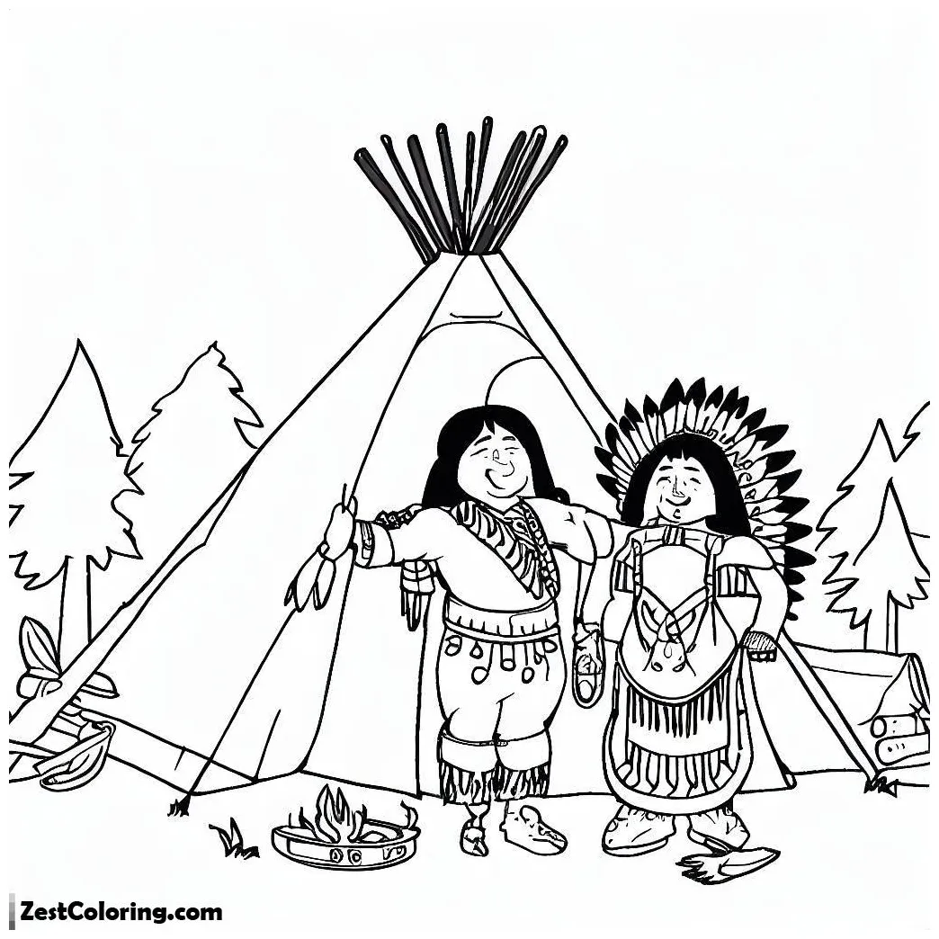 Two native american in front of teepee on native american day coloring