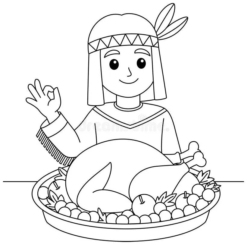 Native American Boy with Thanksgiving Feast Table Outline Coloring Page