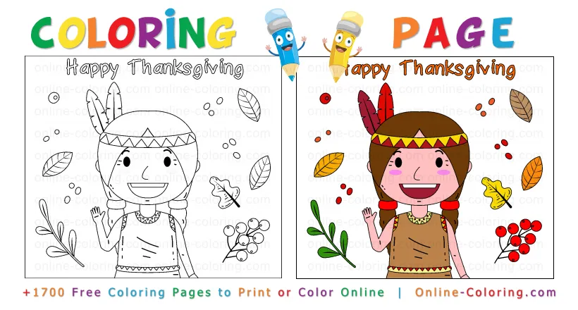 🎨Thanksgiving Native American Indian Girl | Free Online Coloring Page
