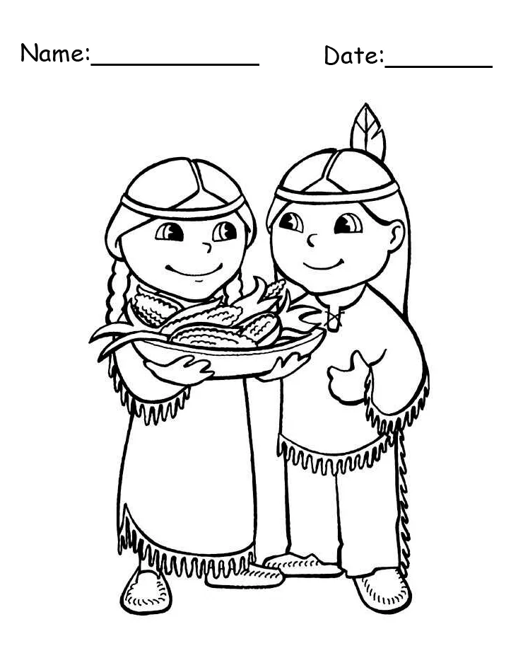 Thanksgiving native american boy and girl printable coloring page