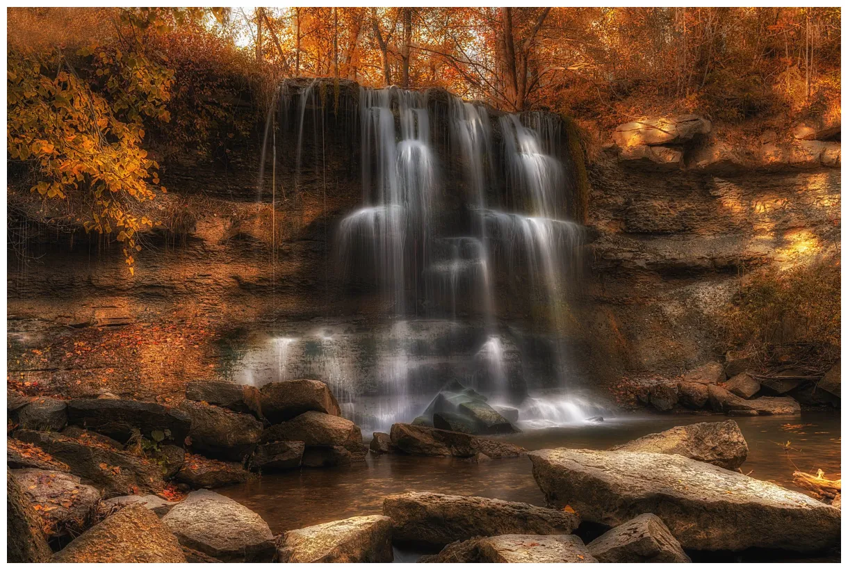 Autumn, forest, trees, rocks, waterfall, rocks, nature s
