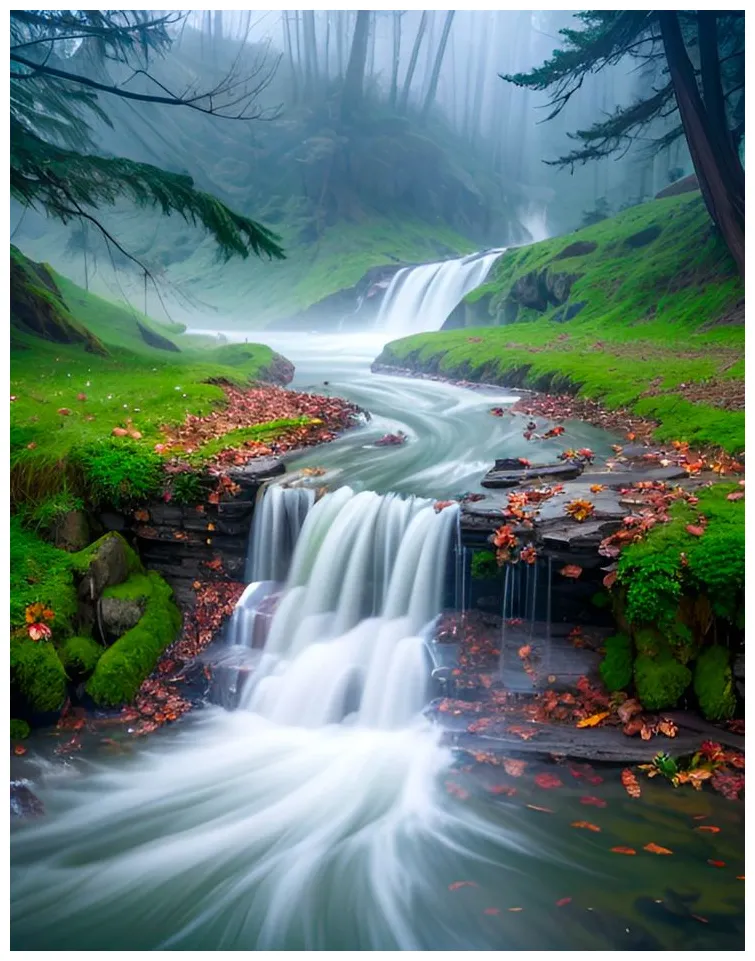 Serene meadow waterfall in the mist printable coloring page