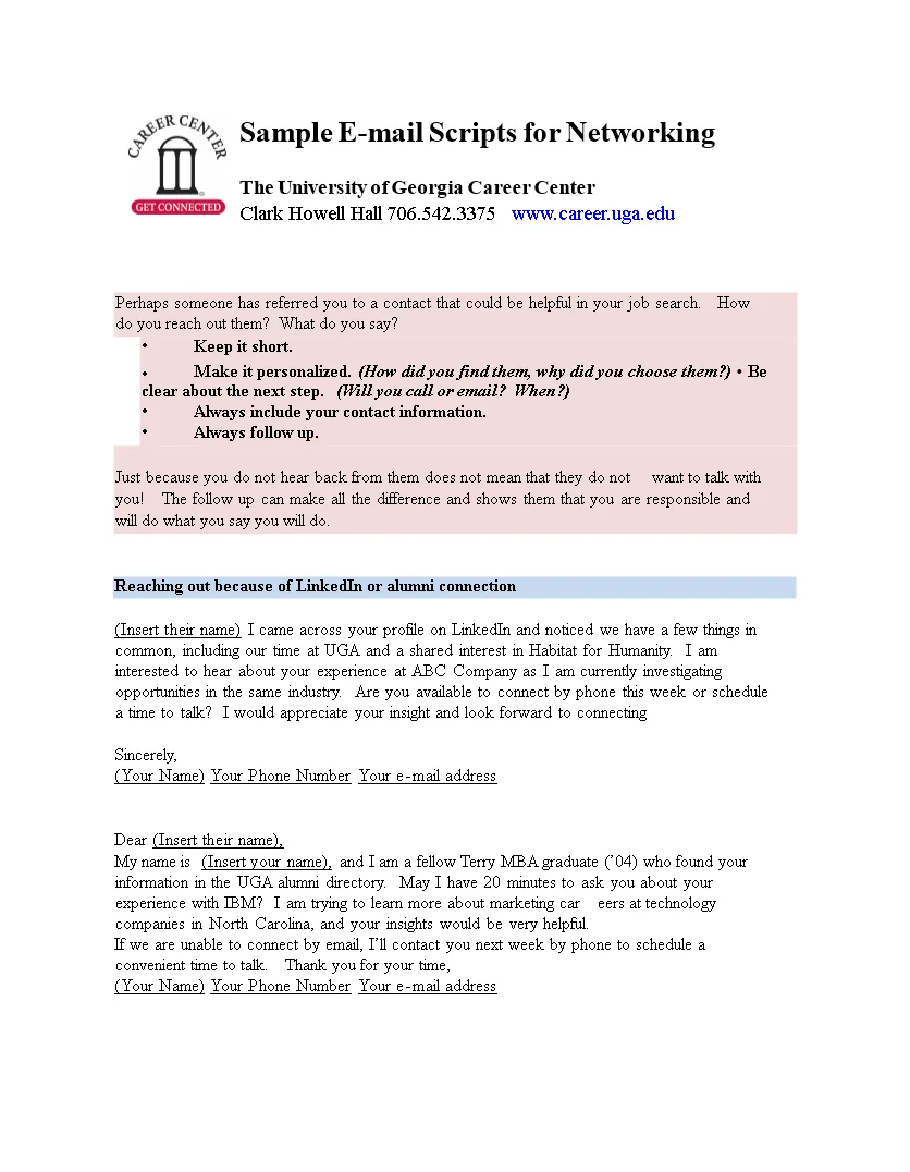 Sample networking email for job search and phone conversations