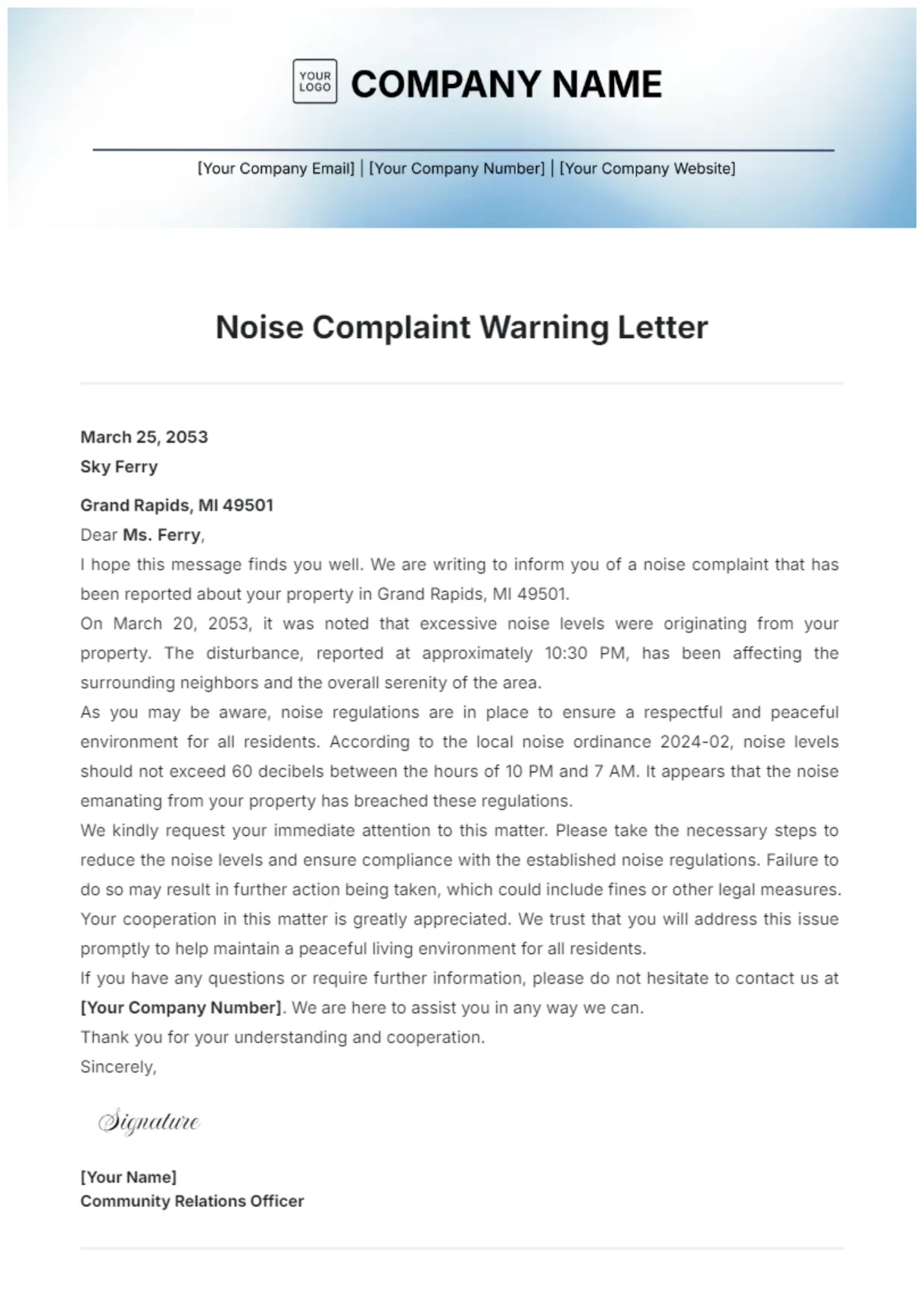Free noise complaint warning letter template to edit online
