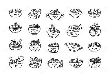 Cute kawaii bowl of noodles. coloring page stock vector illustration