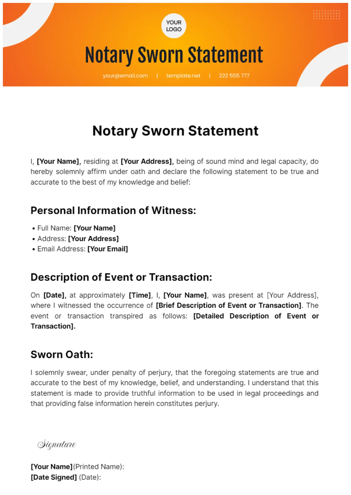 Free notary sworn statement template to edit online