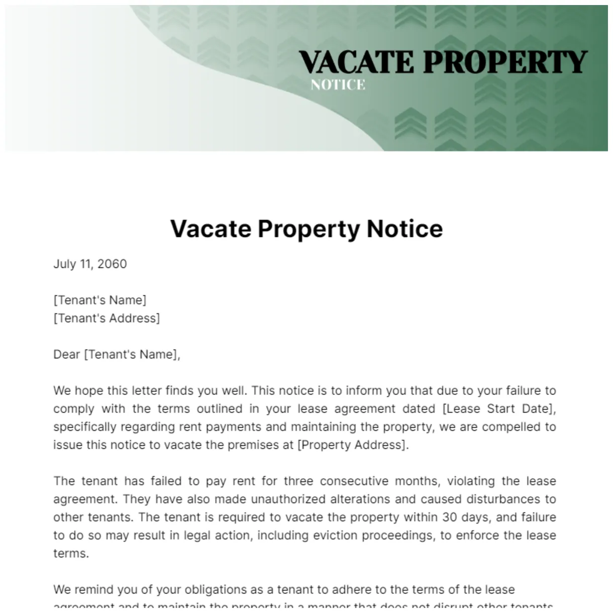 Free vacate property notice template to edit online