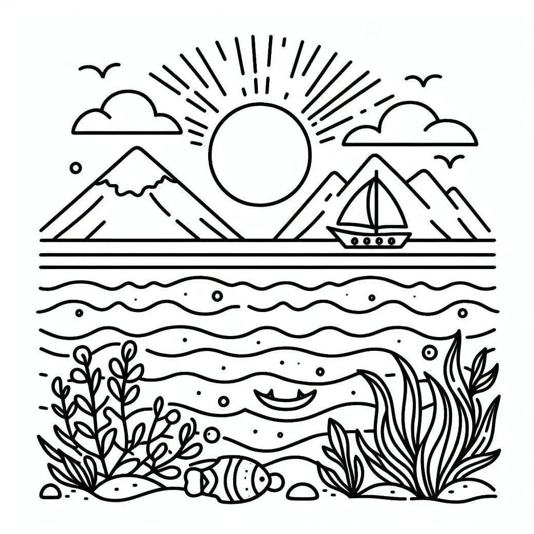 Simple ocean scene coloring page download, print or color online for free