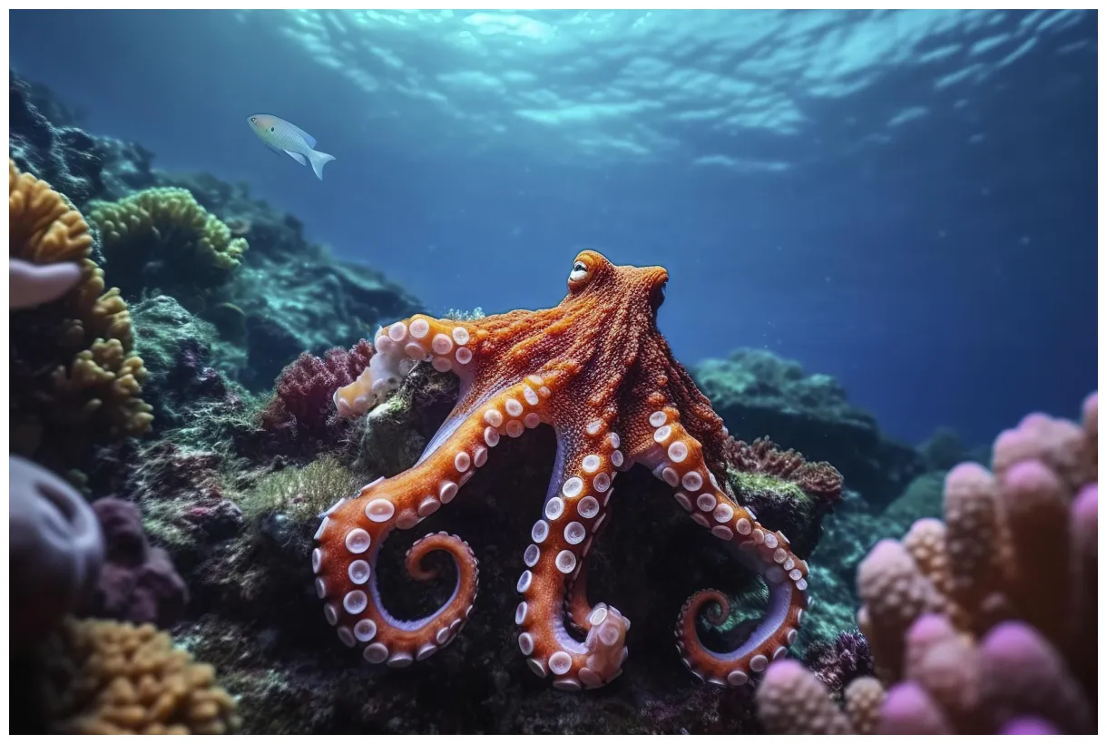Octopus swimming undersea, beautiful underwater, and colorful coral in