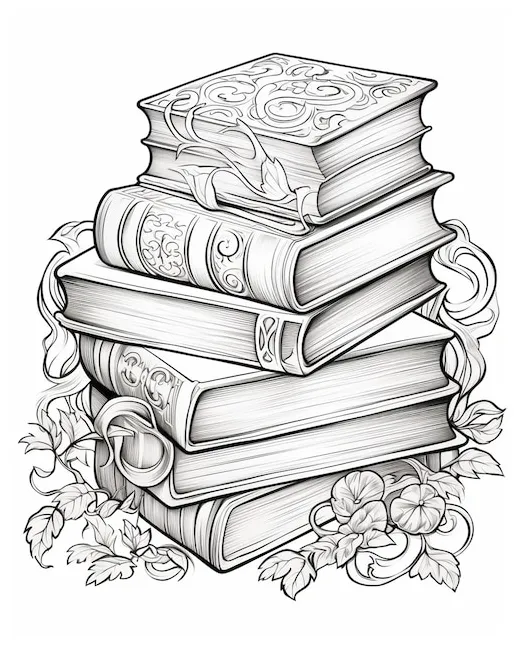 Premium adult coloring page with a book stack