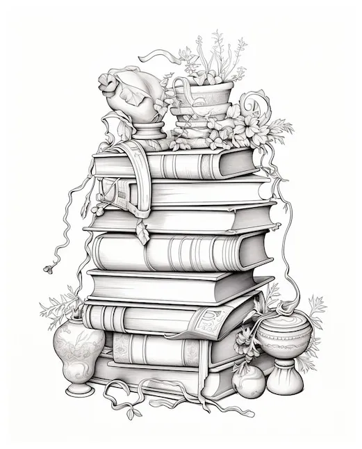 Adult coloring page with a book stack premium ai-generated