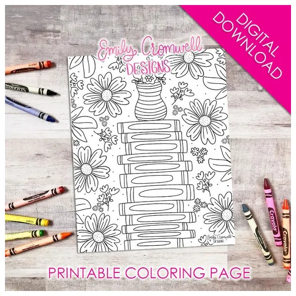 Book stack coloring page jpeg digital download bookish etsy